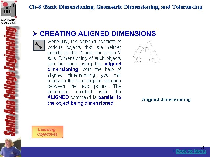 Ch-8 /Basic Dimensioning, Geometric Dimensioning, and Tolerancing Ø CREATING ALIGNED DIMENSIONS Generally, the drawing