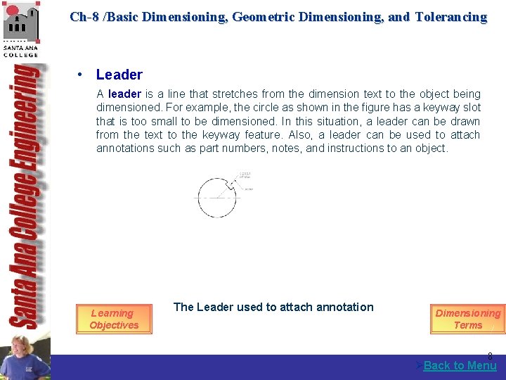 Ch-8 /Basic Dimensioning, Geometric Dimensioning, and Tolerancing • Leader A leader is a line