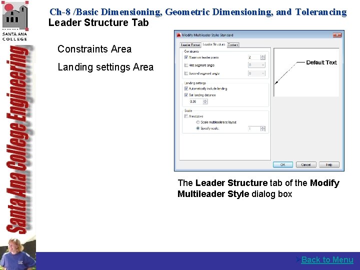 Ch-8 /Basic Dimensioning, Geometric Dimensioning, and Tolerancing Leader Structure Tab Constraints Area Landing settings