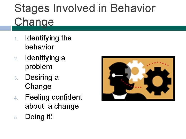 Stages Involved in Behavior Change 1. 2. 3. 4. 5. Identifying the behavior Identifying