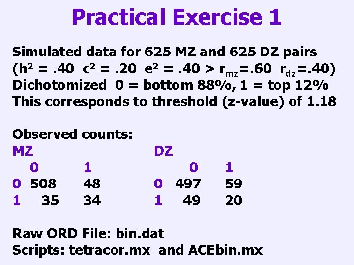 Practical Exercise 1 Simulated data for 625 MZ and 625 DZ pairs (h 2