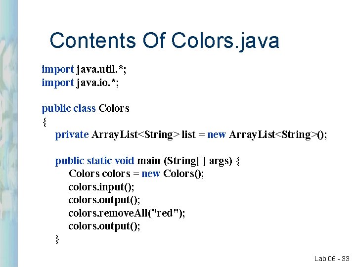 Contents Of Colors. java import java. util. *; import java. io. *; public class Contents Of Colors. java import java. util. *; import java. io. *; public class