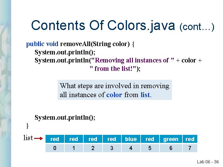 Contents Of Colors. java (cont…) public void remove. All(String color) { System. out. println(); Contents Of Colors. java (cont…) public void remove. All(String color) { System. out. println();