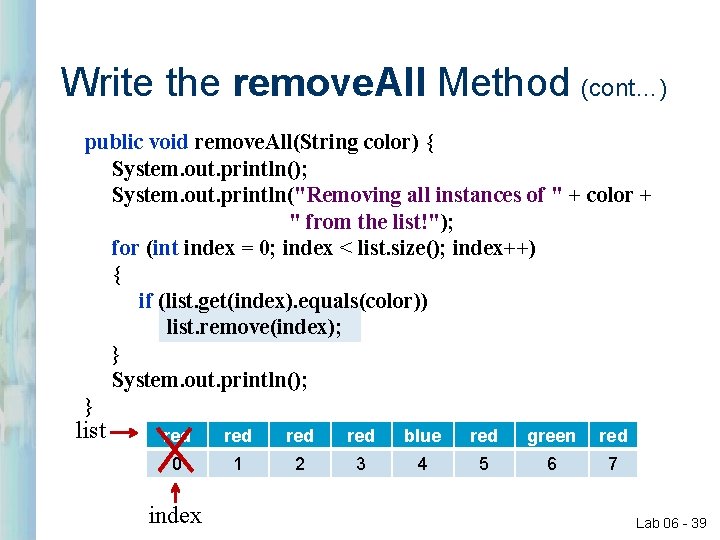 Write the remove. All Method (cont…) public void remove. All(String color) { System. out. Write the remove. All Method (cont…) public void remove. All(String color) { System. out.