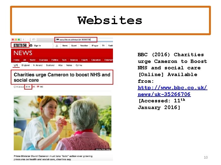 Websites BBC (2016) Charities urge Cameron to Boost NHS and social care [Online] Available