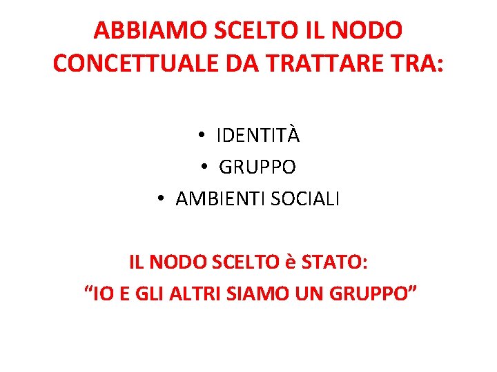 ABBIAMO SCELTO IL NODO CONCETTUALE DA TRATTARE TRA: • IDENTITÀ • GRUPPO • AMBIENTI