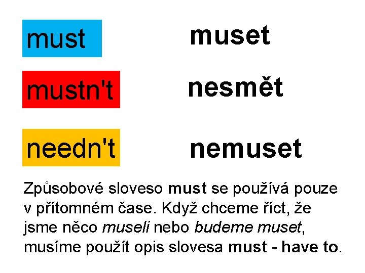 must muset mustn't nesmět needn't nemuset Způsobové sloveso must se používá pouze v přítomném