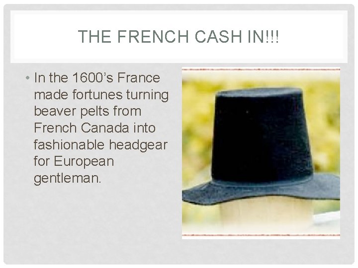 THE FRENCH CASH IN!!! • In the 1600’s France made fortunes turning beaver pelts