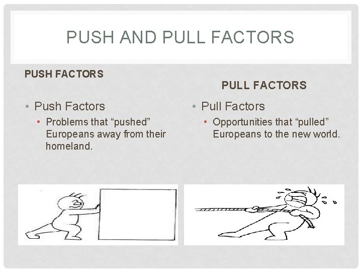 PUSH AND PULL FACTORS PUSH FACTORS • Push Factors • Problems that “pushed” Europeans
