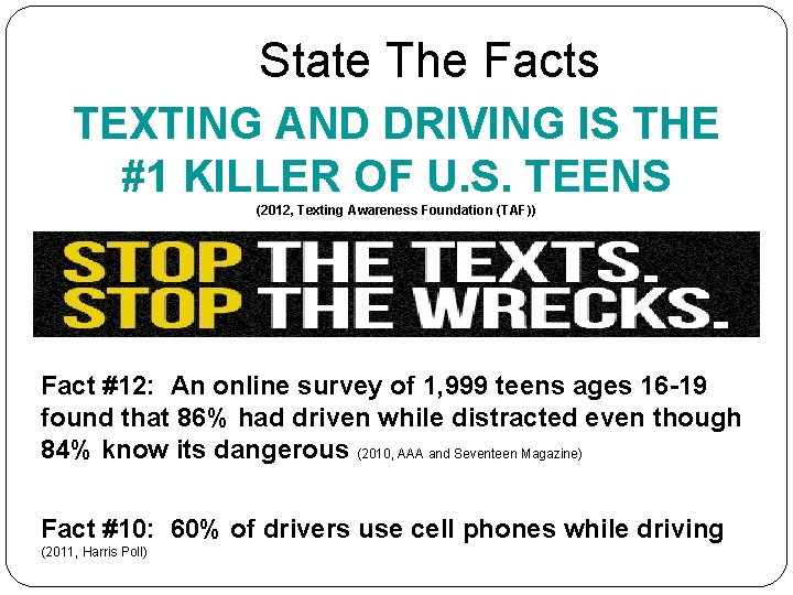 State The Facts TEXTING AND DRIVING IS THE #1 KILLER OF U. S. TEENS