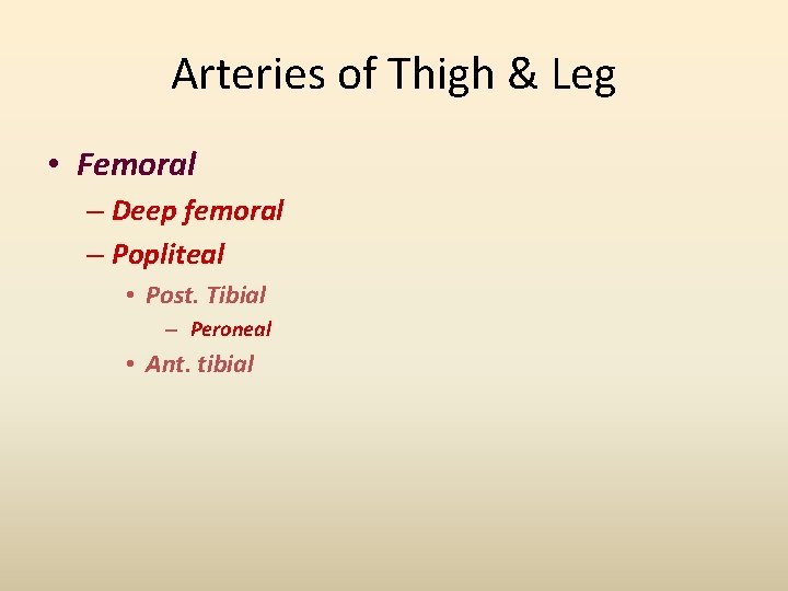 Arteries of Thigh & Leg • Femoral – Deep femoral – Popliteal • Post.