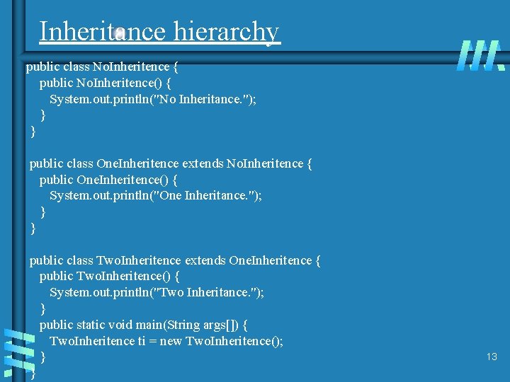 Inheritance hierarchy public class No. Inheritence { public No. Inheritence() { System. out. println("No