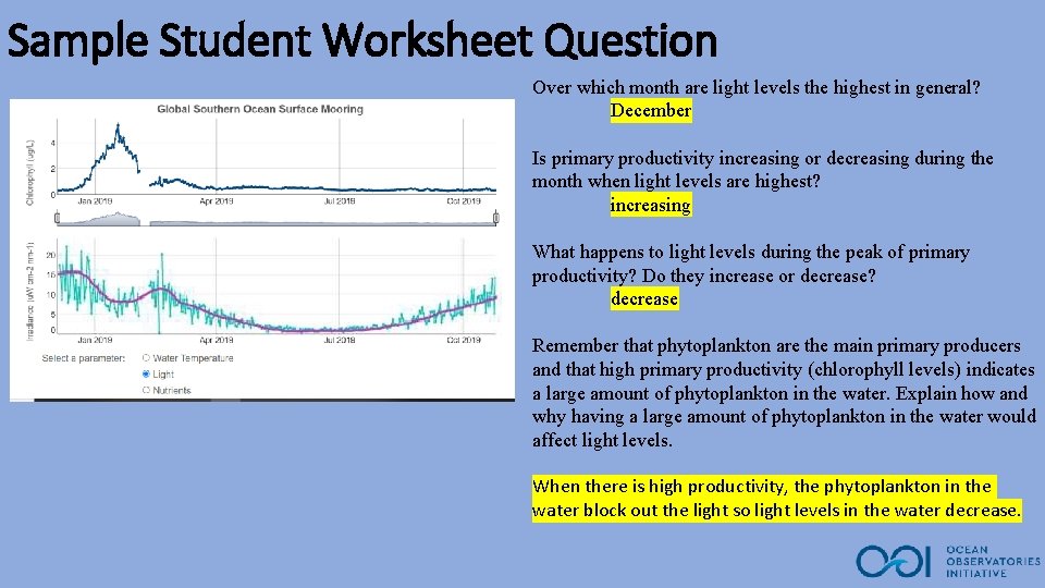 Sample Student Worksheet Question Over which month are light levels the highest in general?