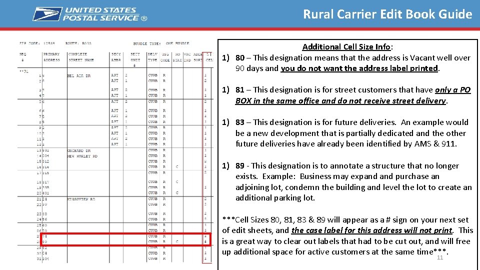 Rural Carrier Edit Book Guide Additional Cell Size Info: 1) 80 – This designation