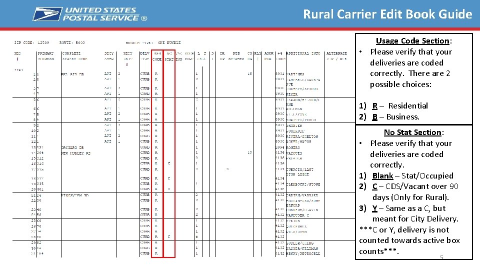 Rural Carrier Edit Book Guide Usage Code Section: • Please verify that your deliveries