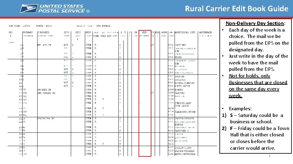 Rural Carrier Edit Book Guide Non-Delivery Day Section: • Each day of the week