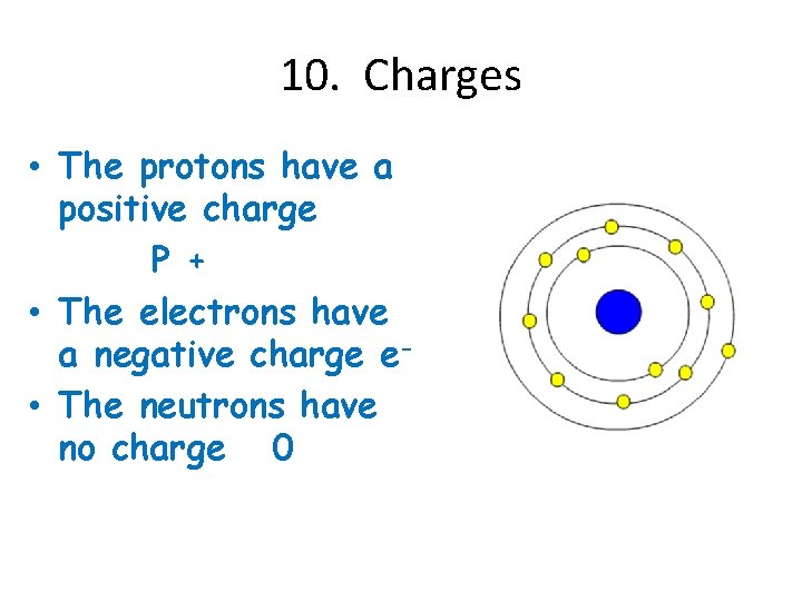 10. Charges • The protons have a positive charge P + • The electrons