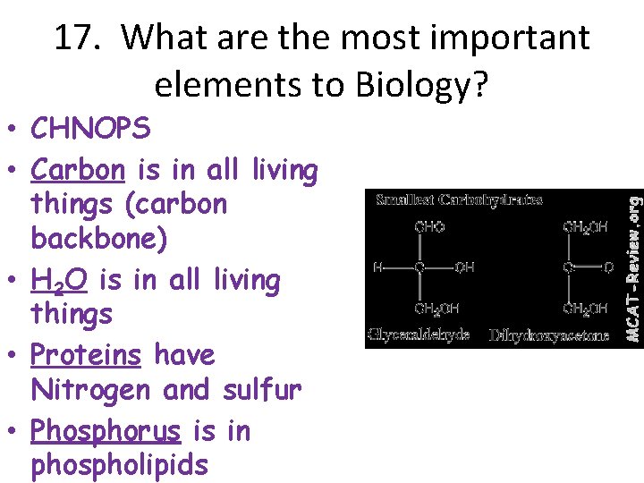 17. What are the most important elements to Biology? • CHNOPS • Carbon is