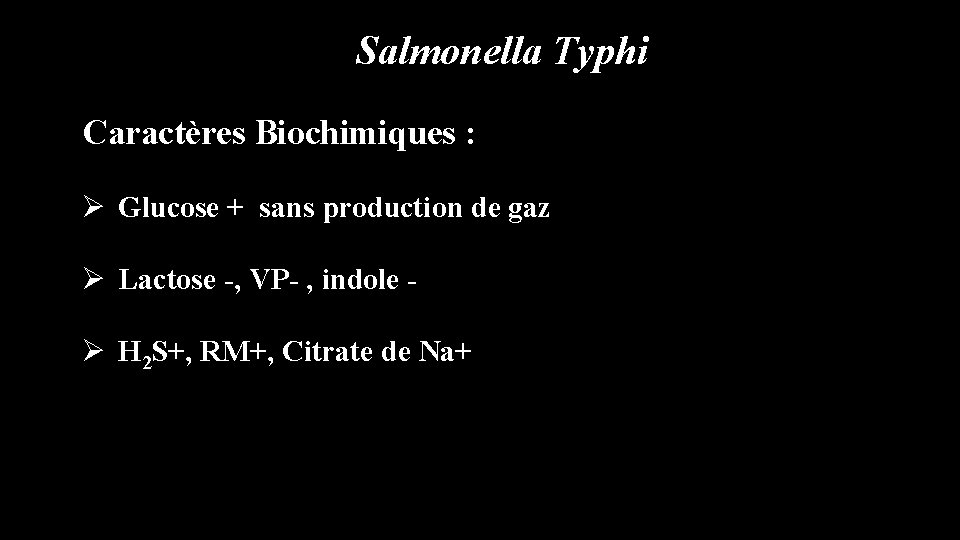 Salmonella Typhi Caractères Biochimiques : Ø Glucose + sans production de gaz Ø Lactose