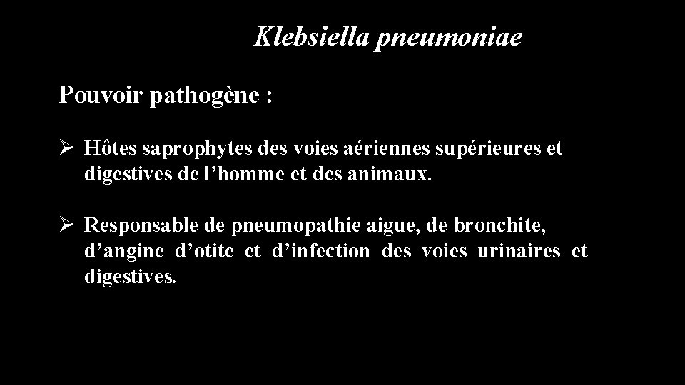 Klebsiella pneumoniae Pouvoir pathogène : Ø Hôtes saprophytes des voies aériennes supérieures et digestives