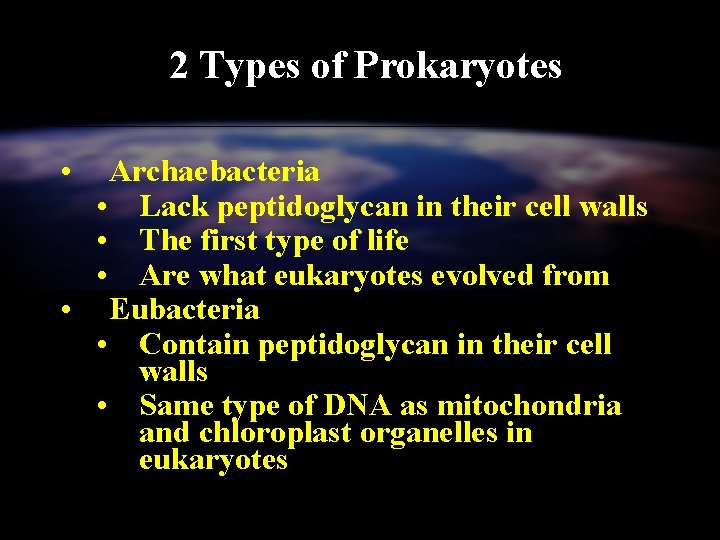 2 Types of Prokaryotes • Archaebacteria • Lack peptidoglycan in their cell walls •