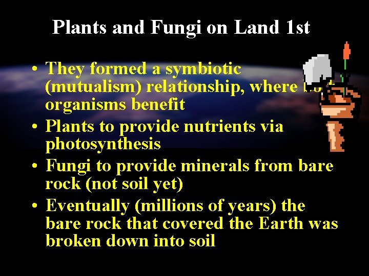 Plants and Fungi on Land 1 st • They formed a symbiotic (mutualism) relationship,