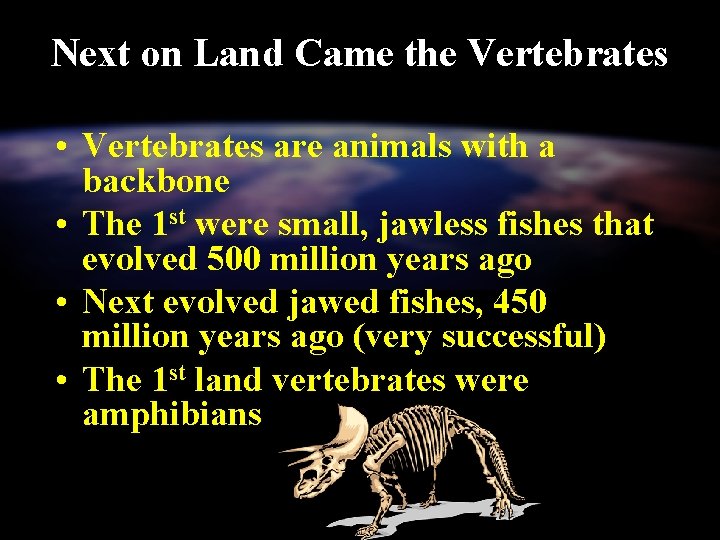 Next on Land Came the Vertebrates • Vertebrates are animals with a backbone •