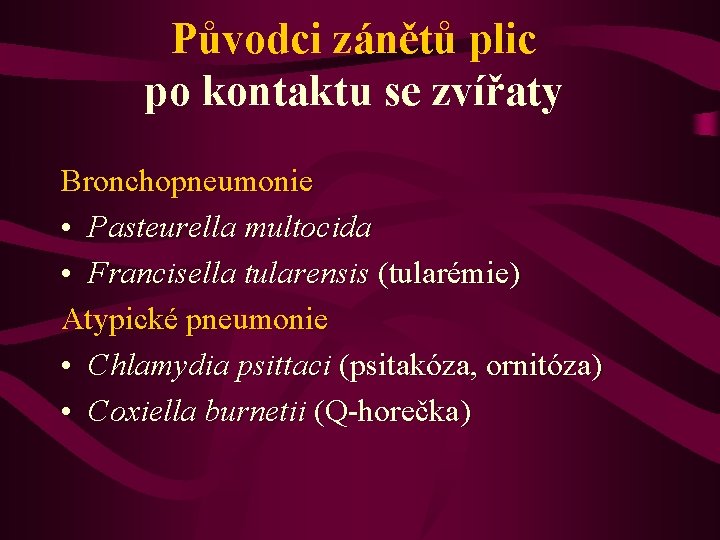 Původci zánětů plic po kontaktu se zvířaty Bronchopneumonie • Pasteurella multocida • Francisella tularensis