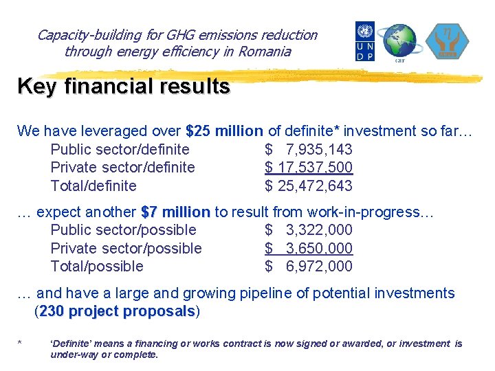 Capacity-building for GHG emissions reduction through energy efficiency in Romania Key financial results We