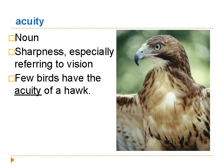 acuity �Noun �Sharpness, especially referring to vision �Few birds have the acuity of a