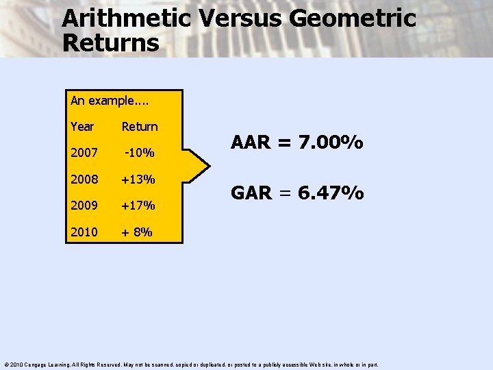 Arithmetic Versus Geometric Returns An example. . Year Return 2007 -10% 2008 +13% 2009