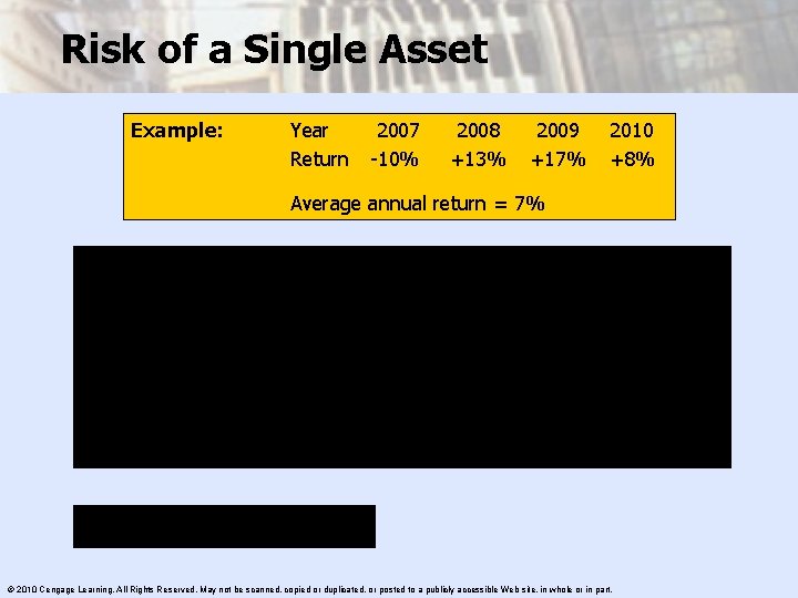 Risk of a Single Asset Example: Year Return 2007 -10% 2008 +13% 2009 +17%