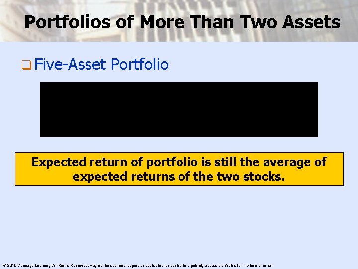 Portfolios of More Than Two Assets q Five-Asset Portfolio Expected return of portfolio is
