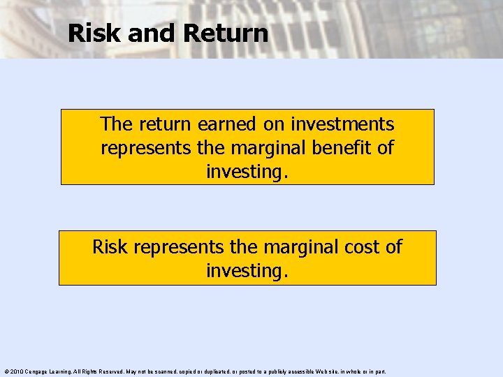 Risk and Return The return earned on investments represents the marginal benefit of investing.