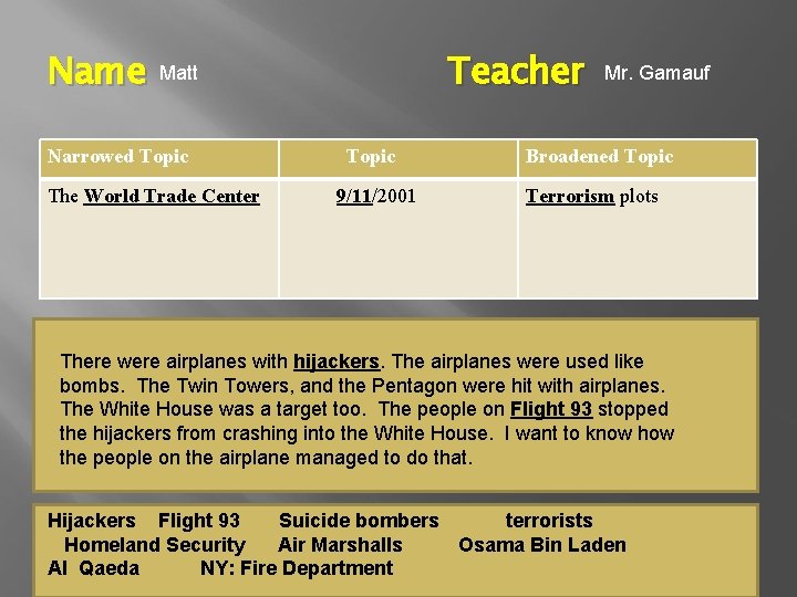 Name Teacher Matt Narrowed Topic The World Trade Center Topic 9/11/2001 Mr. Gamauf Broadened