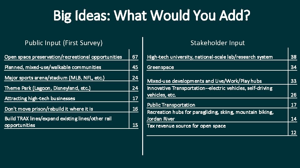 Big Ideas: What Would You Add? Public Input (First Survey) Stakeholder Input Open space