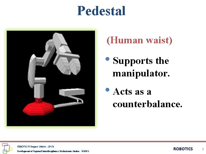 Pedestal (Human waist) • Supports the manipulator. • Acts as a counterbalance. TEMPUS IV