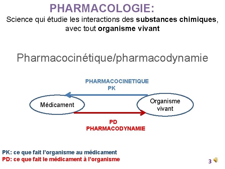PHARMACOLOGIE: Science qui étudie les interactions des substances chimiques, avec tout organisme vivant Pharmacocinétique/pharmacodynamie