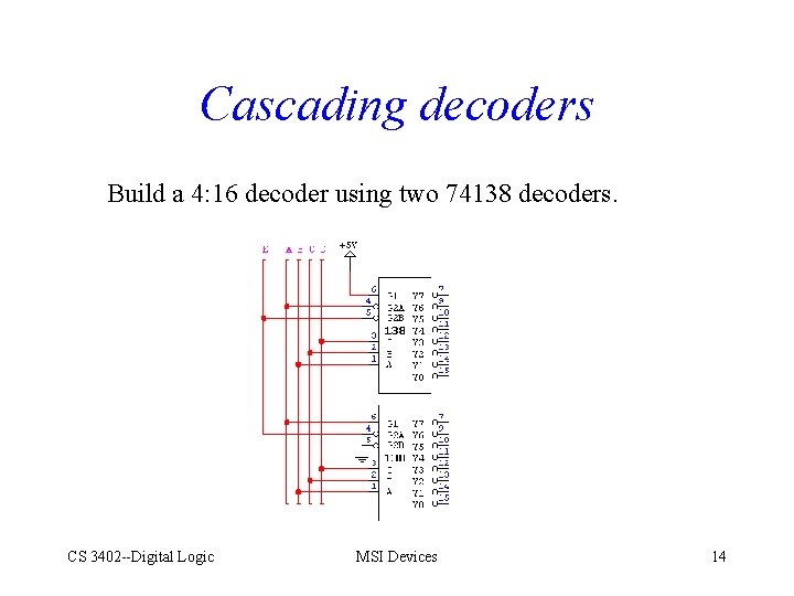 Cascading decoders Build a 4: 16 decoder using two 74138 decoders. CS 3402 --Digital