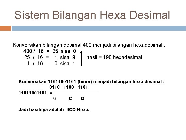 Sistem Bilangan Hexa Desimal Konversikan bilangan desimal 400 menjadi bilangan hexadesimal : 400 / Sistem Bilangan Hexa Desimal Konversikan bilangan desimal 400 menjadi bilangan hexadesimal : 400 /