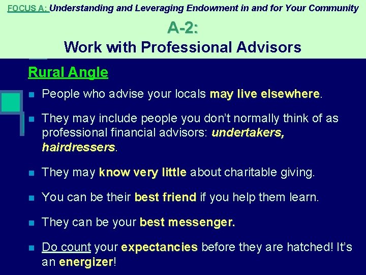 FOCUS A: Understanding and Leveraging Endowment in and for Your Community A-2: Work with