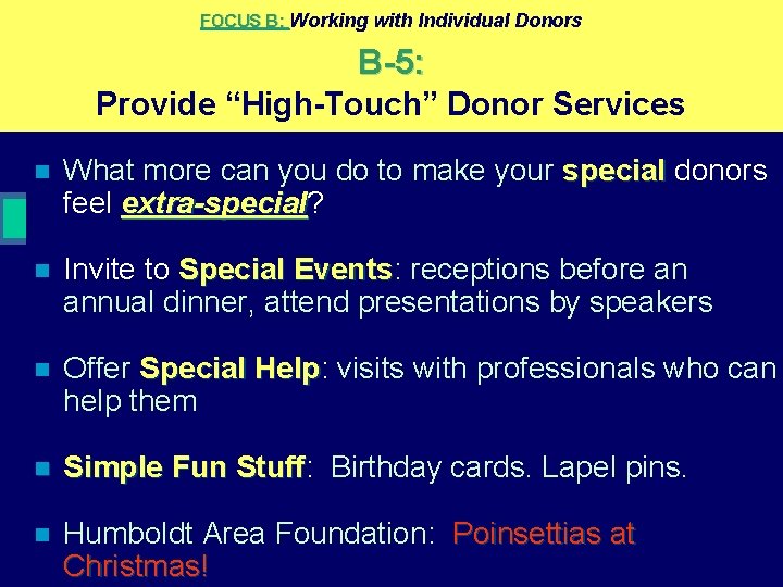 FOCUS B: Working with Individual Donors B-5: Provide “High-Touch” Donor Services n What more