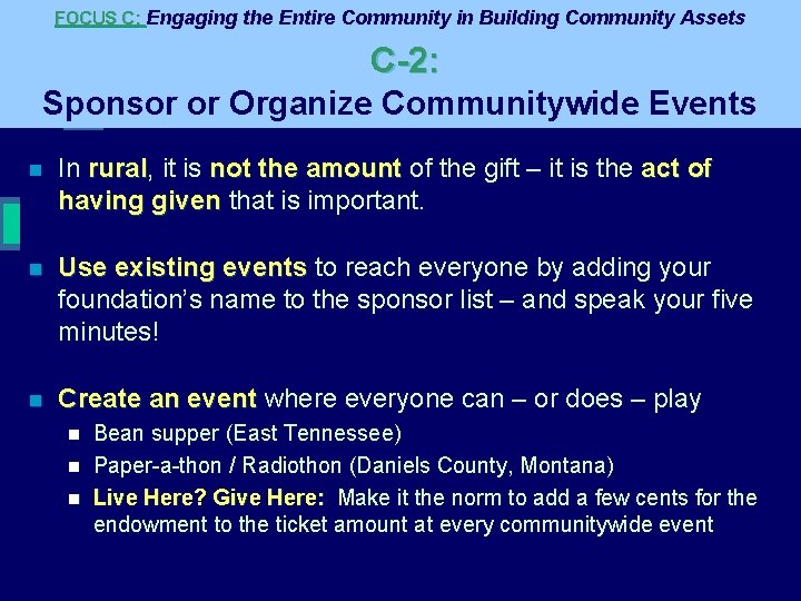 FOCUS C: Engaging the Entire Community in Building Community Assets C-2: Sponsor or Organize