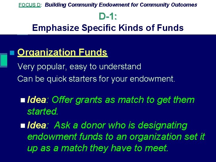 FOCUS D: Building Community Endowment for Community Outcomes D-1: Emphasize Specific Kinds of Funds