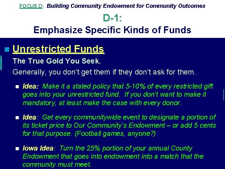 FOCUS D: Building Community Endowment for Community Outcomes D-1: Emphasize Specific Kinds of Funds