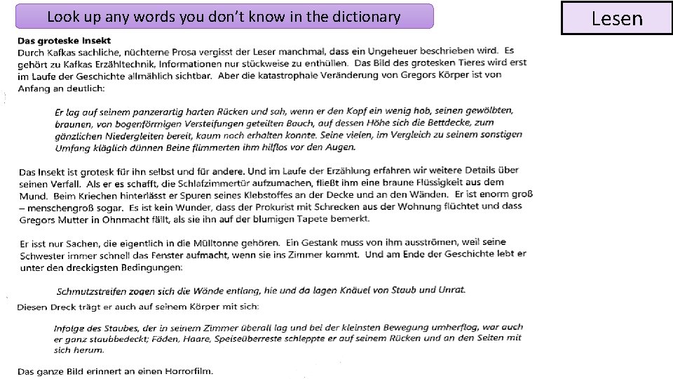 Look up any words you don’t know in the dictionary Lesen 