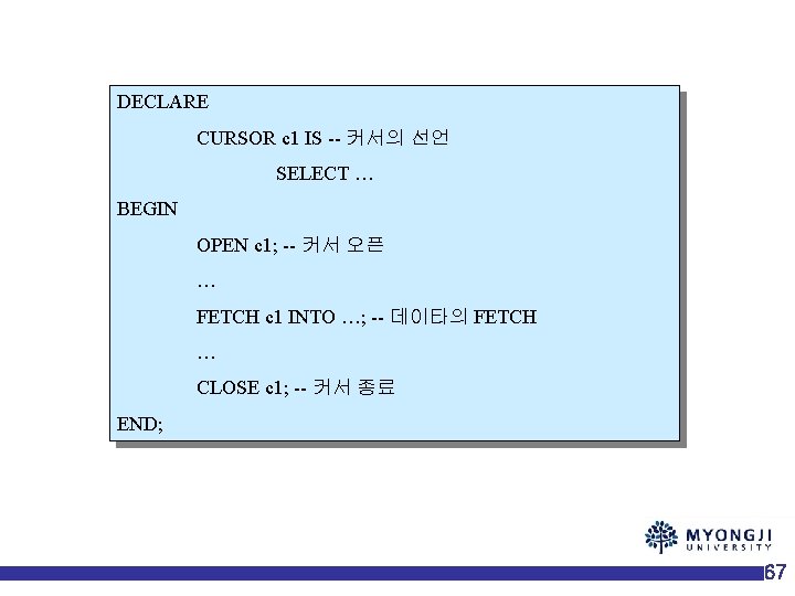 DECLARE CURSOR c 1 IS -- 커서의 선언 SELECT … BEGIN OPEN c 1;