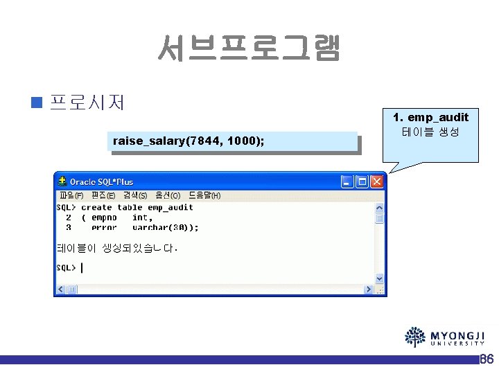 서브프로그램 n 프로시저 raise_salary(7844, 1000); 1. emp_audit 테이블 생성 86 