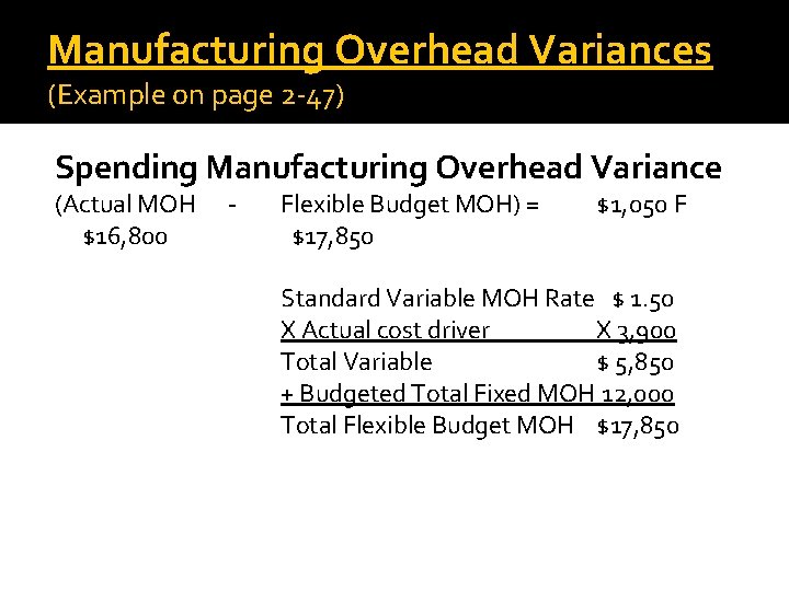 Manufacturing Overhead Variances (Example on page 2 -47) Spending Manufacturing Overhead Variance (Actual MOH