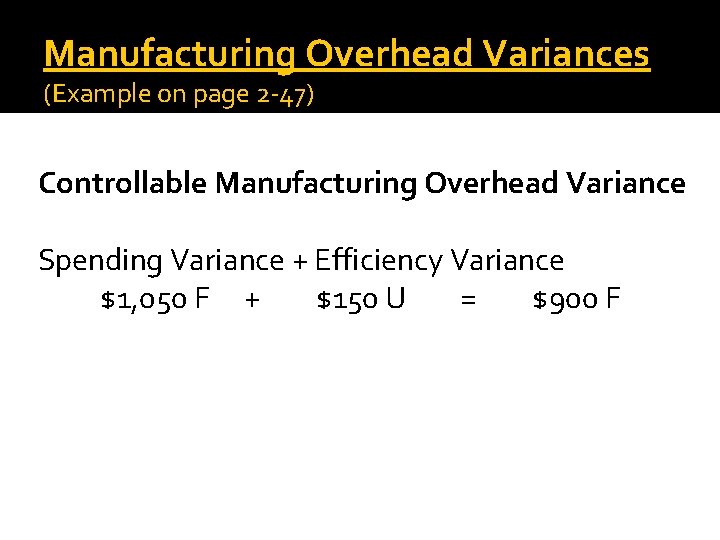 Manufacturing Overhead Variances (Example on page 2 -47) Controllable Manufacturing Overhead Variance Spending Variance